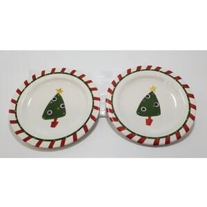 Pier 1 Hand Painted Ironstone Christmas Tree/Candy Cane Salad Plate (Set of 2)